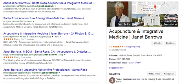 Janet Barrows Acupuncture Santa Rosa search results on Google page 1