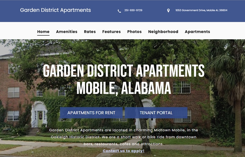 Apartment building web design Garden District Apartments